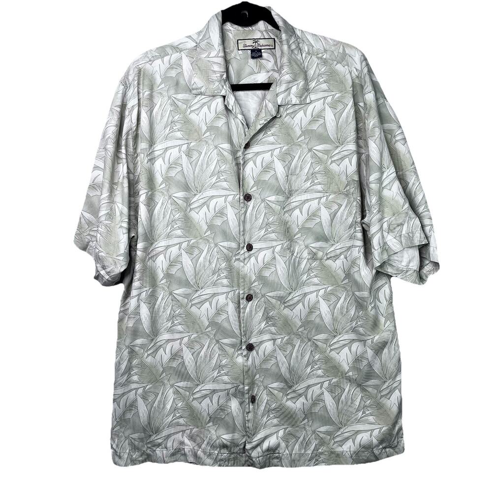Tommy Bahamas Green Hawaiian Short Sleeve Shirt Mens Sz M 100% Silk Wood Buttons